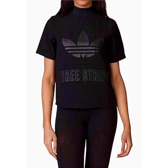 Adidas Black Trefoil Three Stripe Graphic Mock Neck Back Zip Short Sleeve Top S - Picture 12 of 12